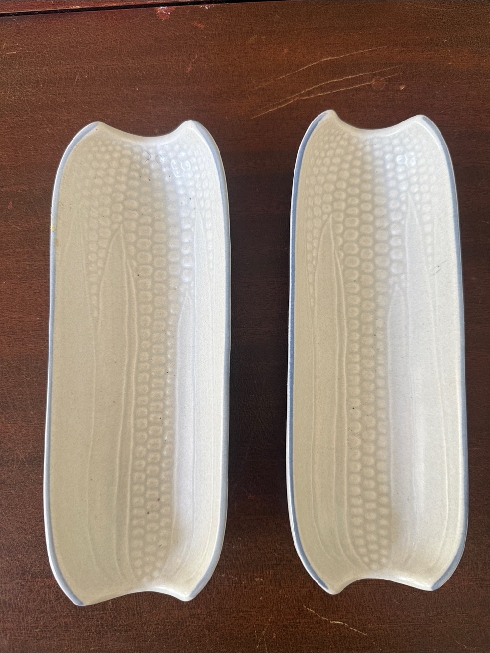 Pfaltzgraff Footed Corn On The Cob Holder Dish Light Gray Blue Trim Set Of 2